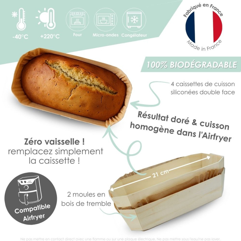 2 moules airfryer en bois 21 cm avec caissettes de cuisson sulfurisées