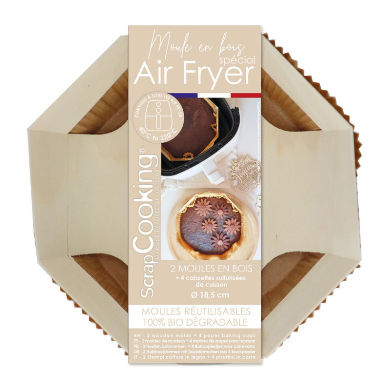 2 moules airfryer ronds en bois Ø 18 cm + caissettes de cuisson sulfurisées