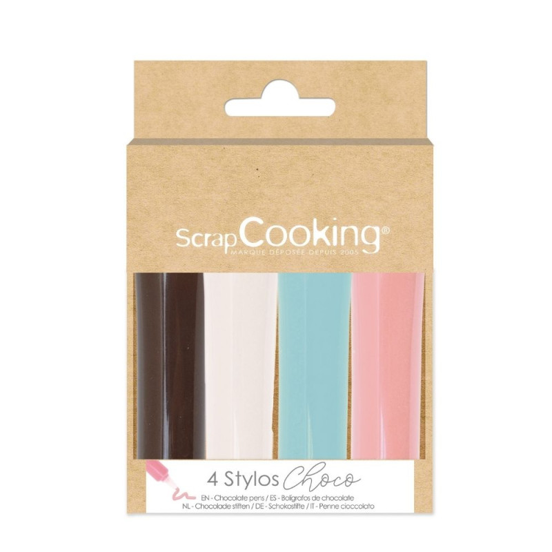 4 stylos choco blanc, rose, bleu, choco