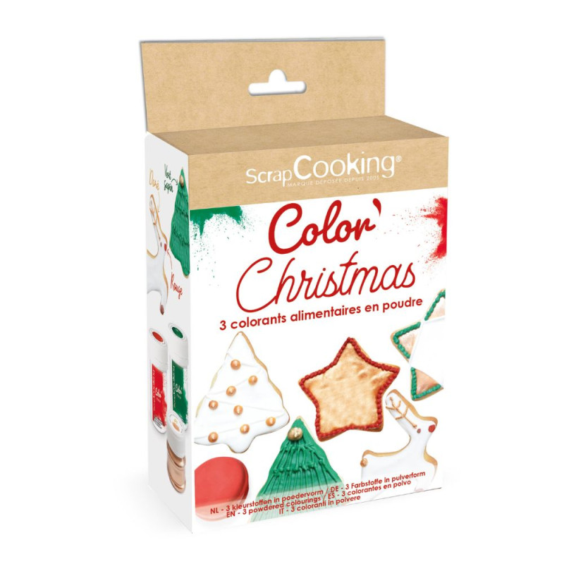 3 colorants en poudre Noël vert, rouge, doré