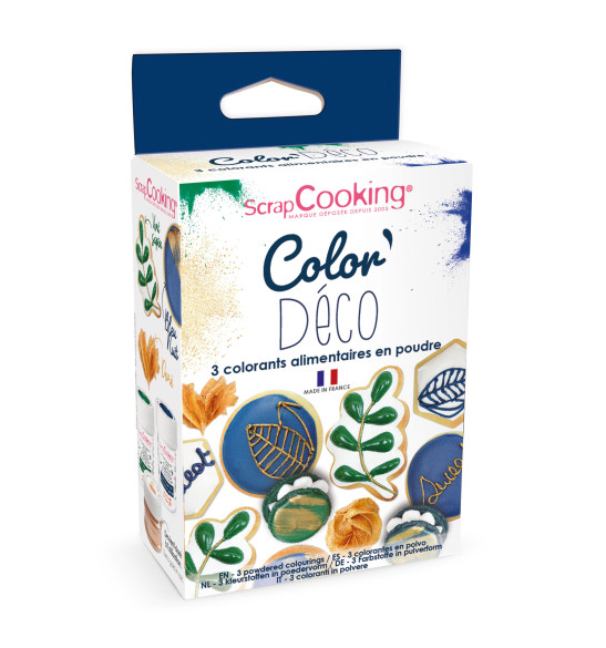 3 colorants en poudre Déco vert, bleu, doré 3 colorants en poudre Déco vert, bleu, doré