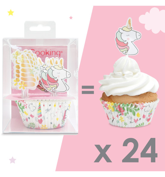 24 cupcake cases + 24 cake toppers unicorn