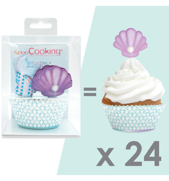 24 cupcake cases + 24 cake toppers mermaid