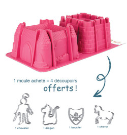 Moule à gâteaux silicone 3D 2 châteaux + 4 découpoirs inox chevaliers OFFERTS