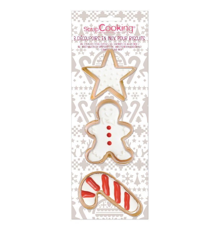 3 gold-finish stainless steel cookie cutters gingerbread man/candy cane/star