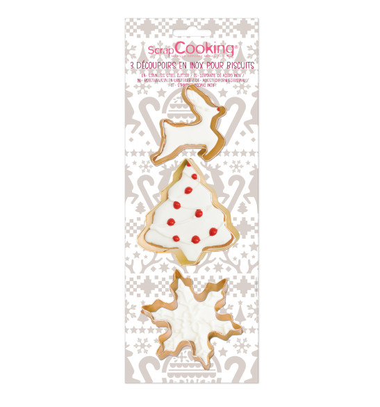 3 gold-finish stainless steel cookie cutters Snowflake/ Christmas tree/ Reindeer 3 gold-finish stainless steel cookie cutters Snowflake/ Christmas tree/ Reindeer