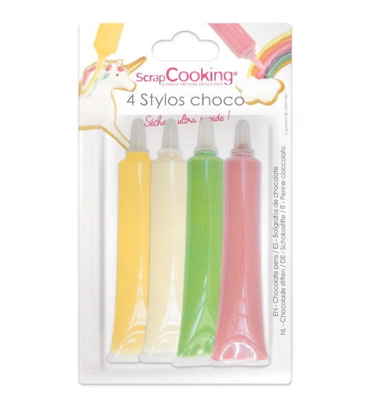 4 Choco pens pink / green / yellow / white 4X25g 4 Choco pens pink / green / yellow / white 4X25g