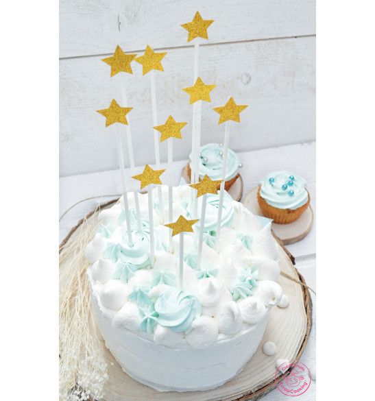 10 Long cakes toppers 20 cm golden stars