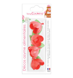 Décos azyme 4 roses rouges + 6 feuilles vertes réf.2287