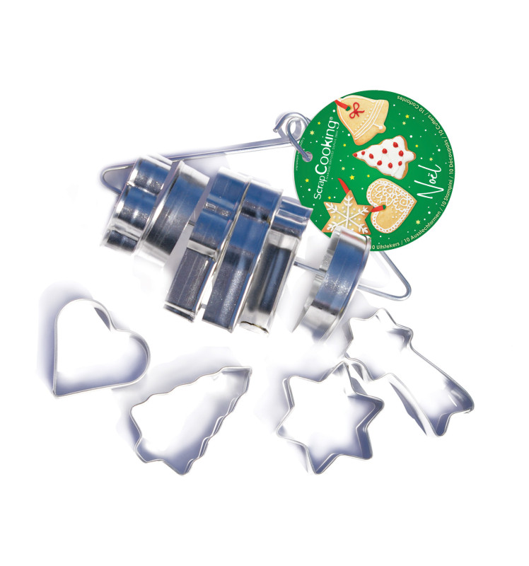 10 Christmas-themed cookie cutters on a steel loop
