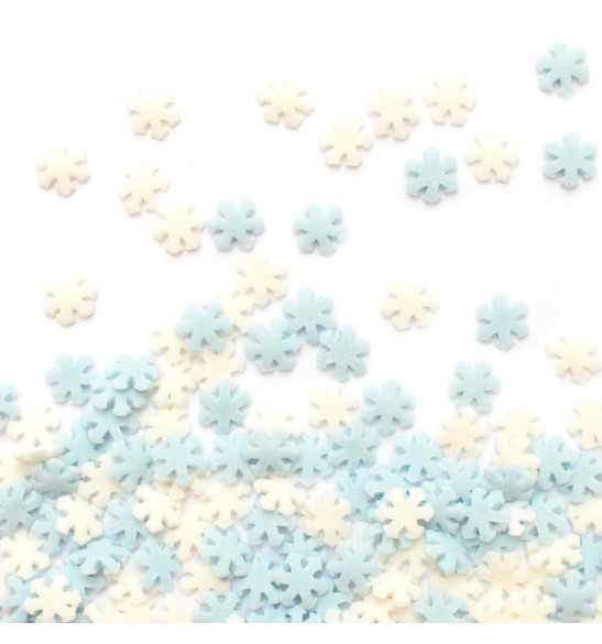 Pot of white/blue snowflake sugar decos 50 g