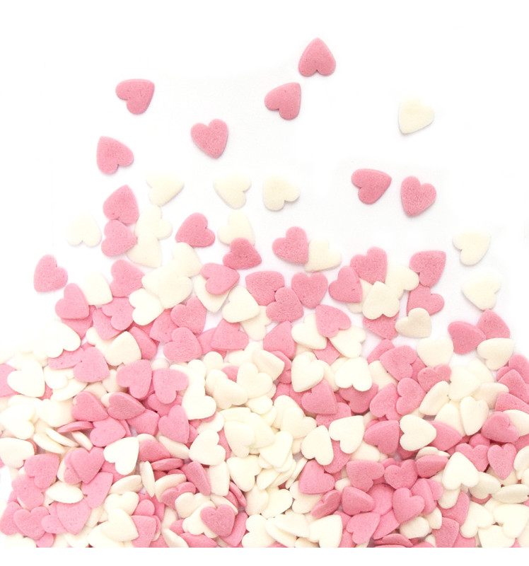 Pot of white/ pink heart sugar decos 50 g