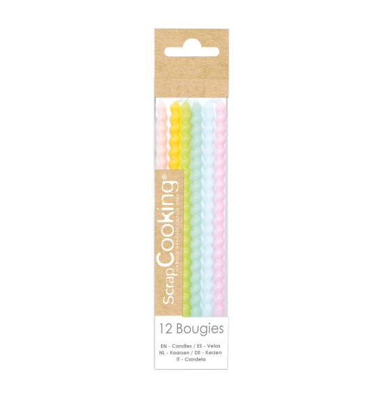 12 long twisted pastel candles 12 cm