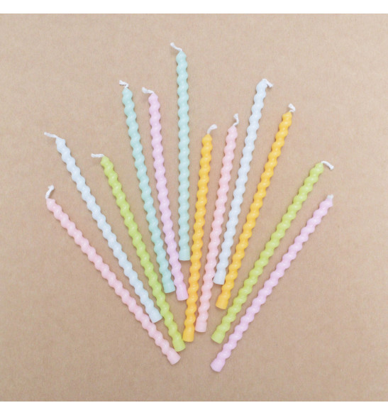 12 long twisted pastel candles 12 cm