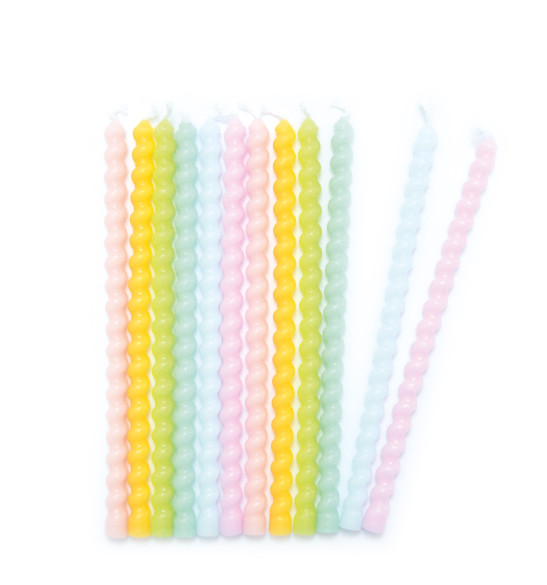 12 long twisted pastel candles 12 cm