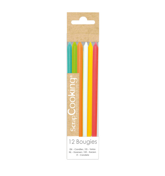 12 multicolored long candles 12 cm