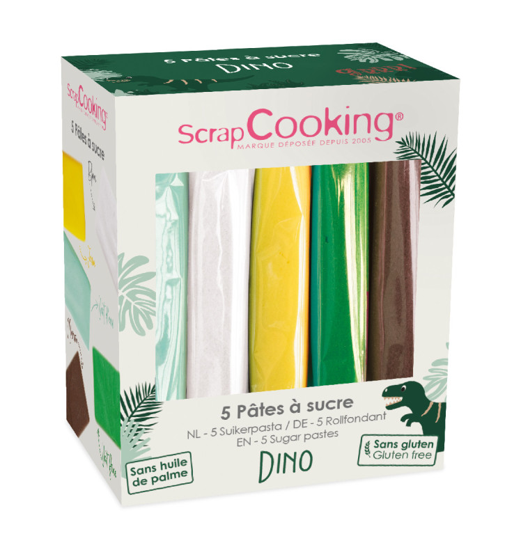 Set of 5 sugarpaste dino decorations (White-Yellow-Water Green-Dark Green-Brown) 5 x 80g