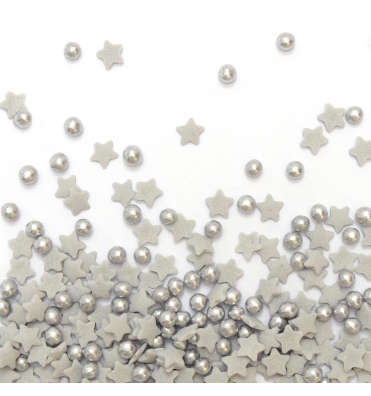Mini mixed silver pearl/star sugar sprinkles  55g