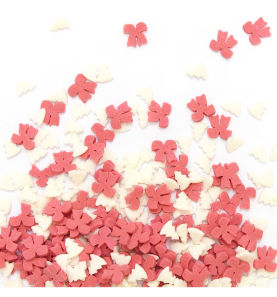 Pot of Christmas sugar sprinkles - White Christmas tree + red bow - 50g Pot of Christmas sugar sprinkles - White Christmas tree + red bow - 50g