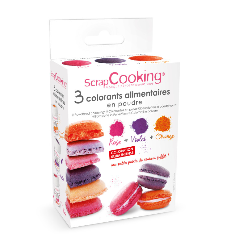 Colorants alimentaires en poudre orange, violet, rose