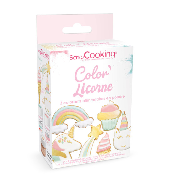 3 colorants en poudre Licorne vert d'eau, rose poudré, doré 3 colorants en poudre Licorne vert d'eau, rose poudré, doré