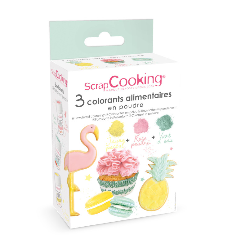 3 colorants en poudre rose poudré, vert d'eau, jaune pastel