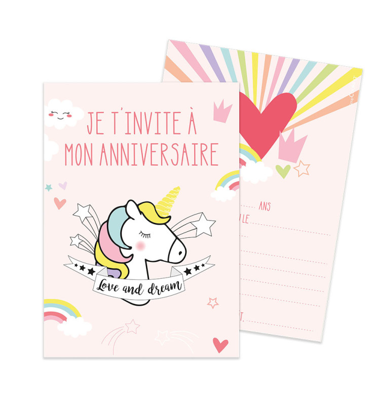 8 cartes d'invitation Licorne