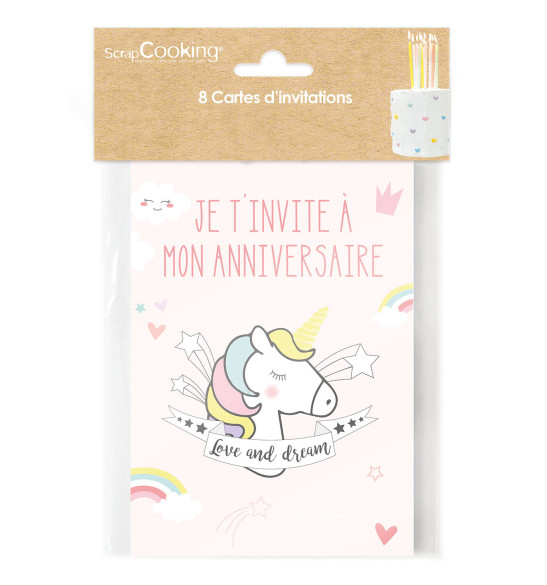 8 cartes d'invitation Licorne