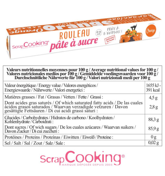 Valeurs nutrionnelles Rouleau de pâte à sucre orange 36 cm - Scrapcooking