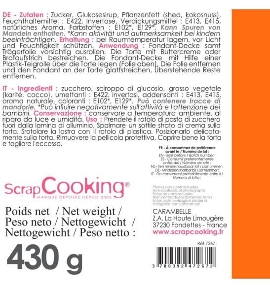 Ingrédients et poids Rouleau de pâte à sucre orange 36 cm - Scrapcooking