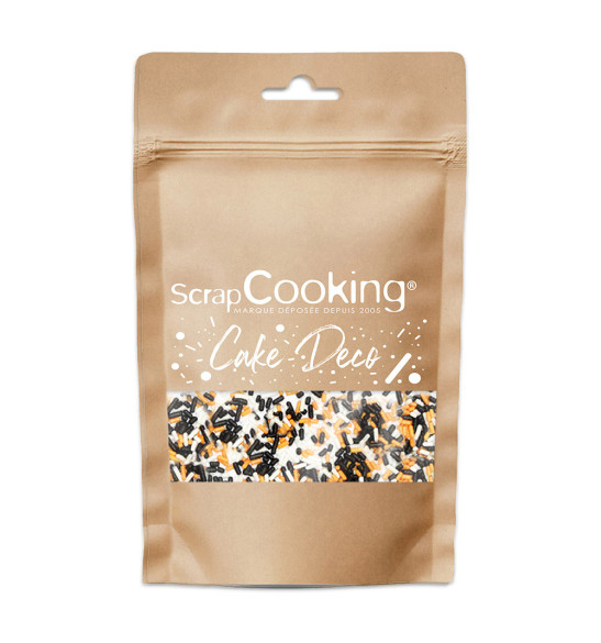 Sachet décors sucrés vermicelles orange/noir/blanc 80g