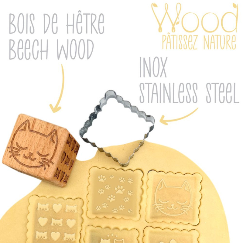 Tampon à biscuits bois chat + découpoir bois - ScrapCooking