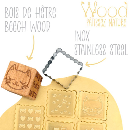Tampon à biscuits bois chat + découpoir bois - ScrapCooking