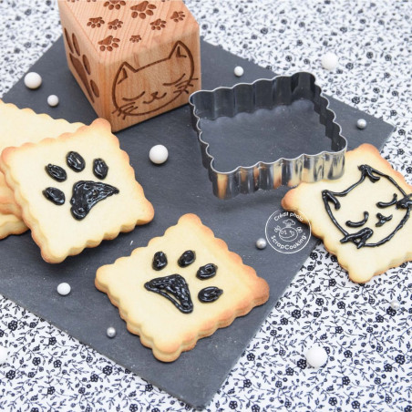 Tampon à biscuits bois chat + découpoir biscuits décorés - ScrapCooking