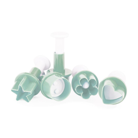Set of 5 mini sugarpaste plunger cutters - "heart, polka dot, flower, star, button"
