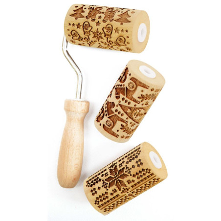 3 mini rouleaux empreintes bois interchangeables Noël - Scrapcooking®
