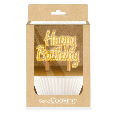 Caissettes blanches & cake toppers "Happy birthday" dorés et pailletés pour anniversaire