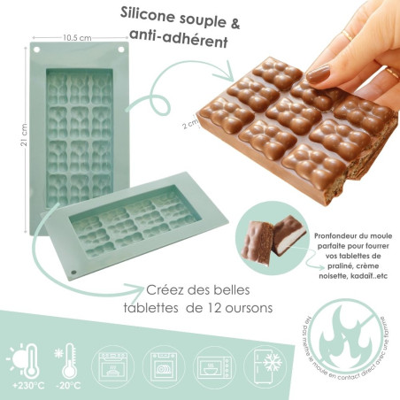 Illustration descriptive des avantages pratiques du moule en silicone pour tablette d'oursons ScrapCooking®