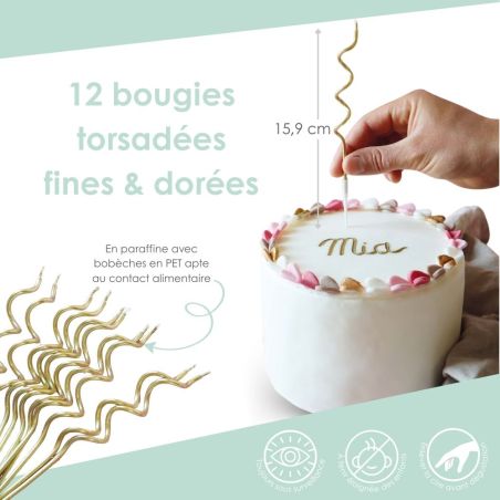 Bougies d'anniversaire torsadées dorées x12