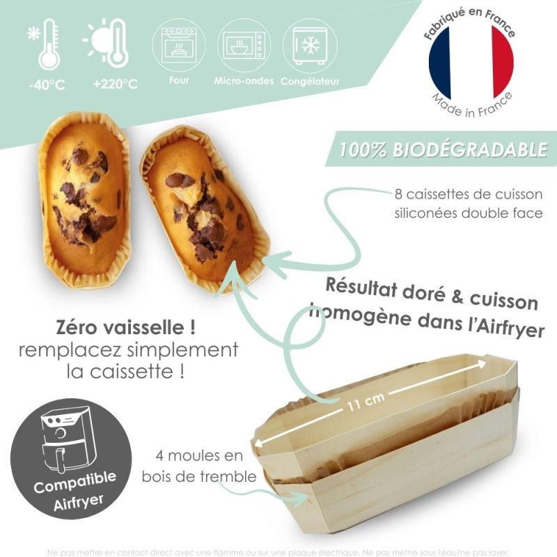 2 moules airfryer rectangulaires en bois avec 8 caissettes sulfurisées