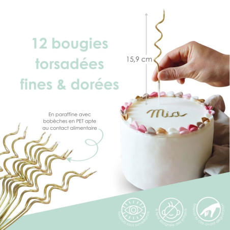 Bougies d'anniversaire torsadées dorées x12