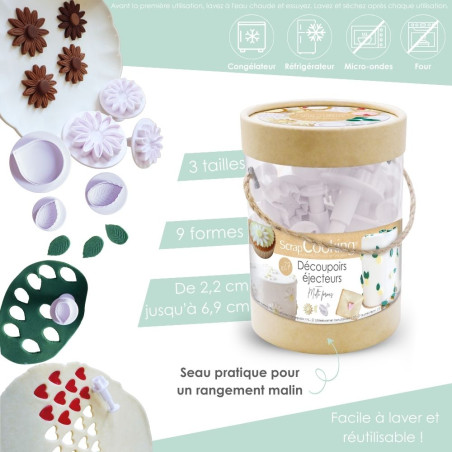 Illustration descriptive des emporte pièces éjecteurs en seau 9 formes et 3 tailles ScrapCooking®