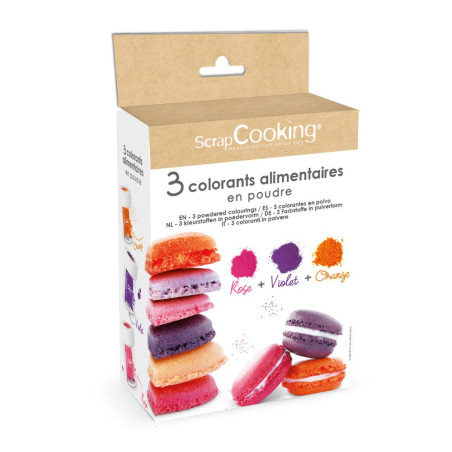 3 colorants alimentaires en poudre orange, violet, rose - ScrapCooking®