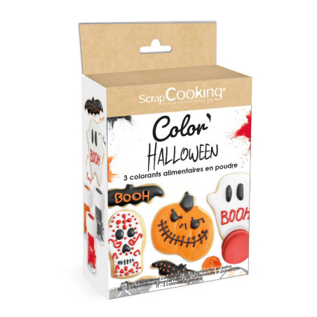 3 Halloween-themed powdered food colourings "black, orange, red"