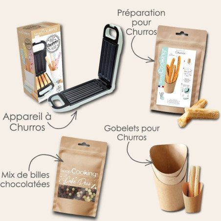 Pack churros factory : Machine à churros, Préparation churros instantanée, Gobelets et toppings chocolatés