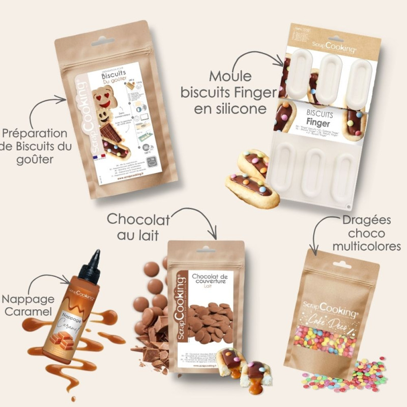 Pack of dry ingredients for chocolate finger biscuits filled with caramel