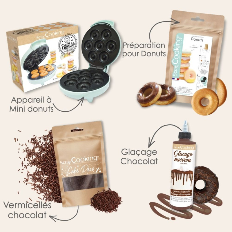 Pack complet mini donuts au glaçage chocolat avec vermicelles chocolat noir