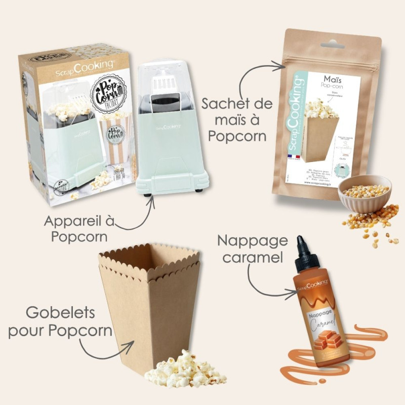 Pack popcorn caramel ScrapCooking® : Machine à popcorn, maïs, caramel et gobelets pour popcorn