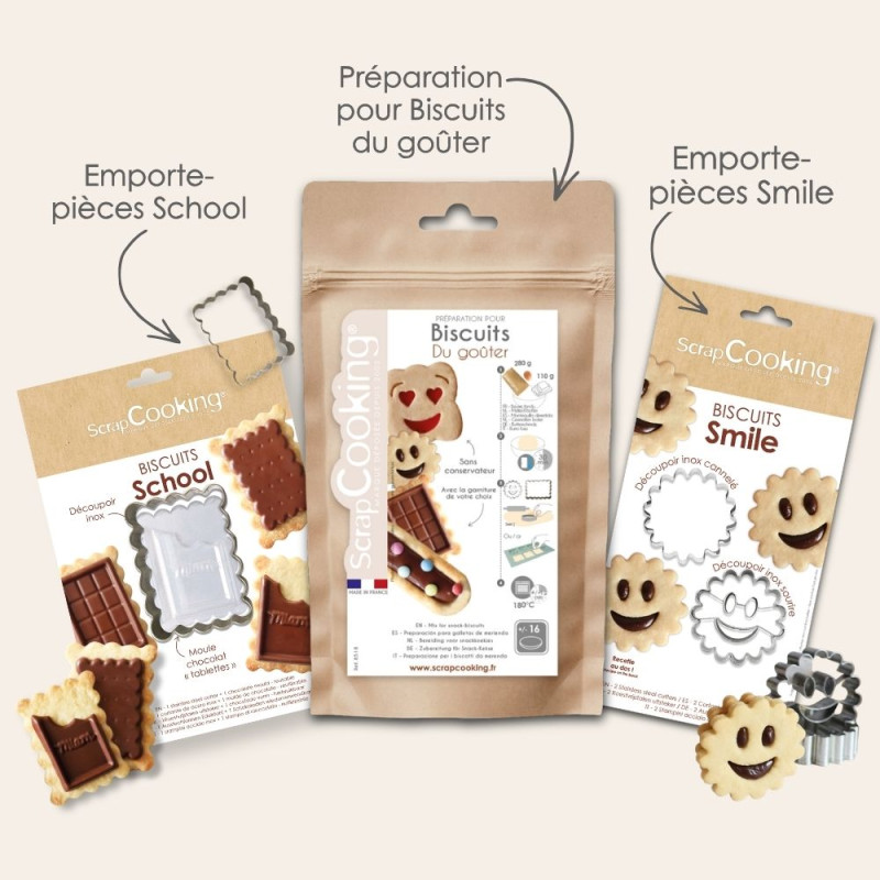 Pack biscuits du goûter : Préparation pour biscuit traditionnel, Emporte-pièces biscuit façon BN & Emporte-pièces biscuit école
