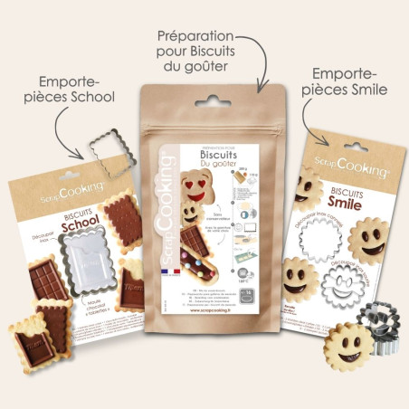 Pack biscuits du goûter : Préparation pour biscuit traditionnel, Emporte-pièces biscuit façon BN & Emporte-pièces biscuit école